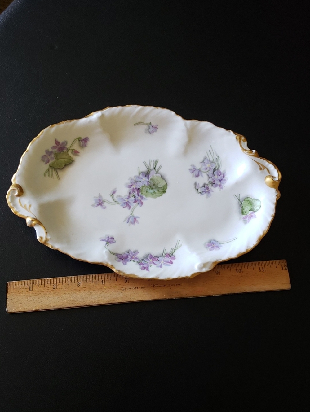 Limoges White Porcelain Dish with Purple Floral Accents and Gold Trim